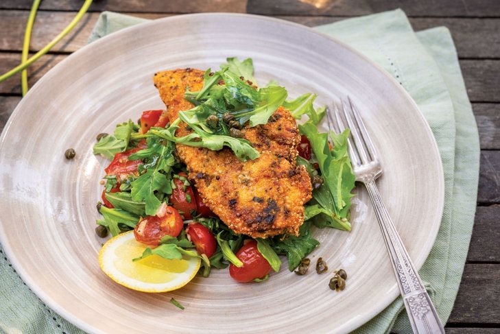 Garlic Braised Tomato Salad with Crusted Chicken Scaloppini and Fried Capers