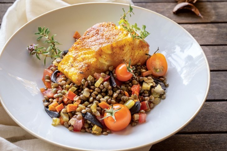 Puy Lentils with Sweet Black Garlic and Curried Fish